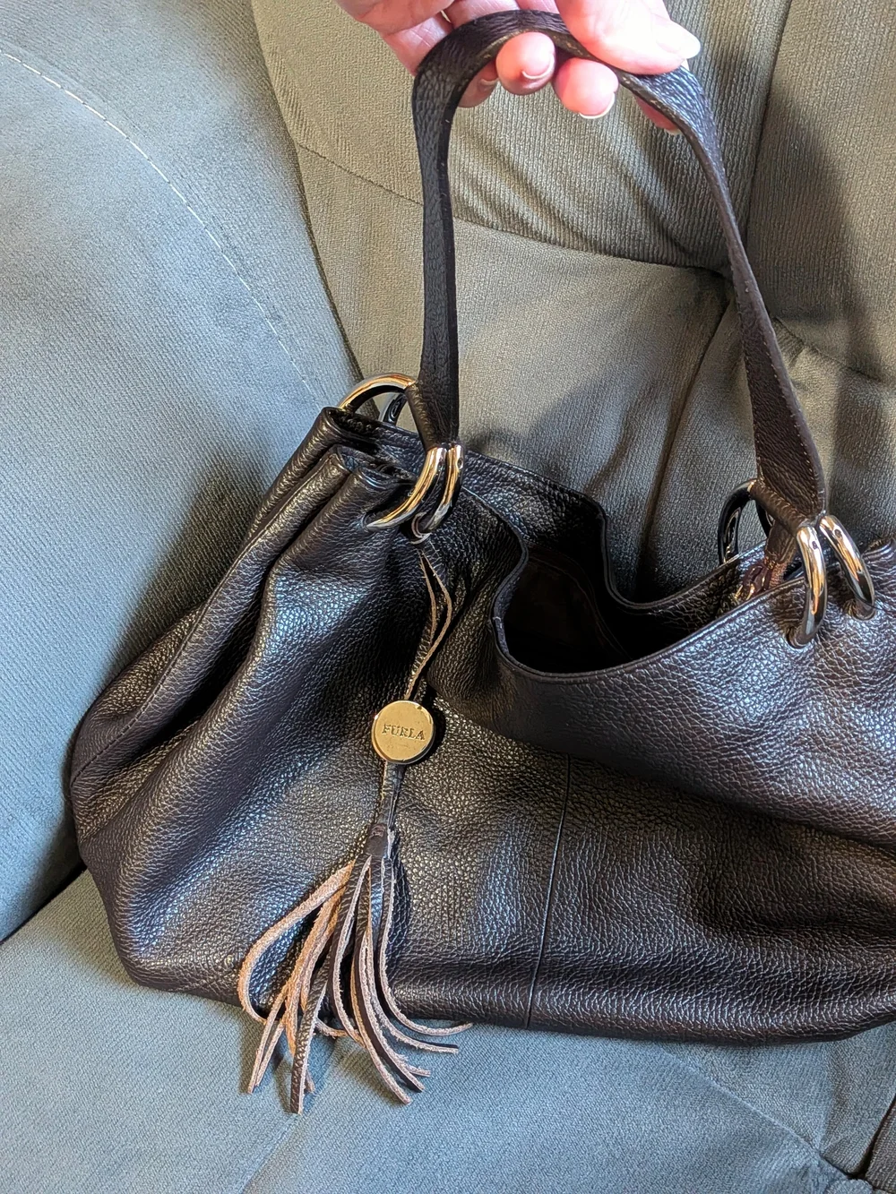 Furla Black Pebbled Leather Hobo with Tassel Charm